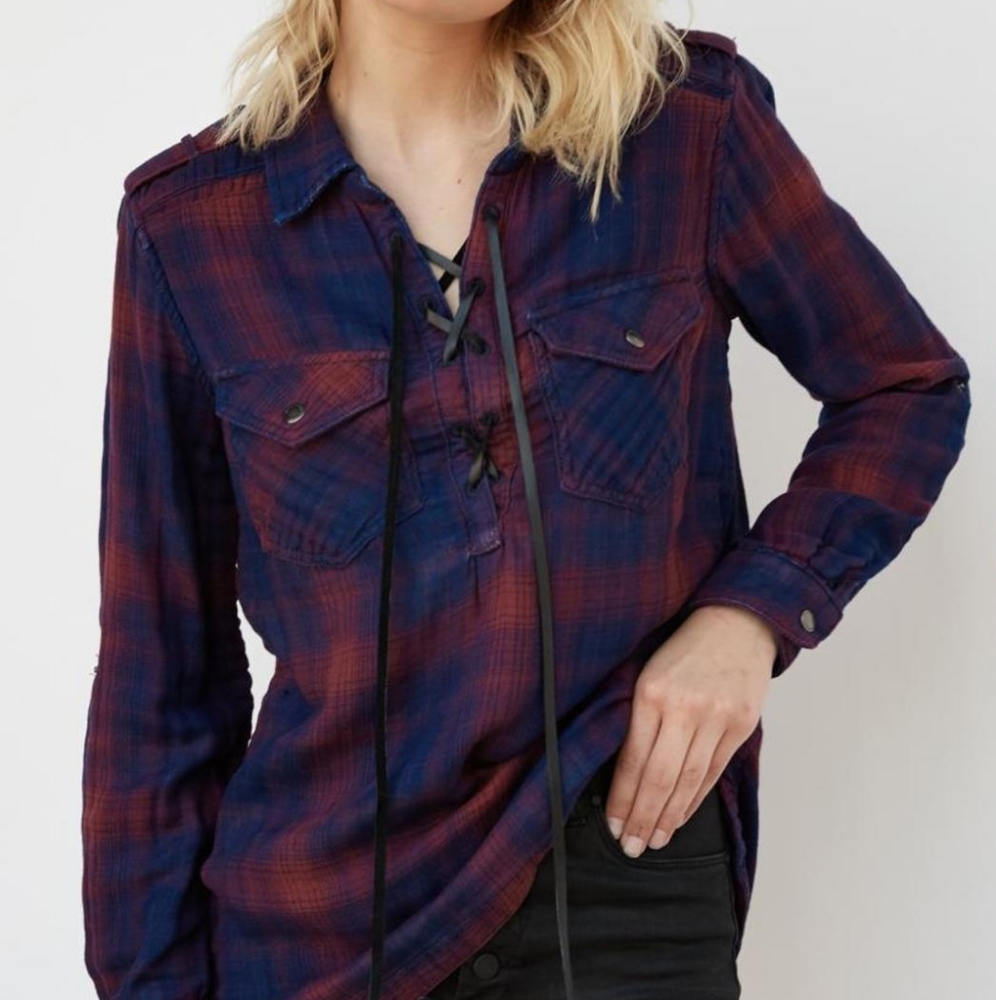 BLANCKNYC Plaid Lace Up Top